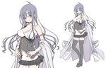  black_legwear blush breasts highres large_breasts long_hair looking_at_viewer multiple_views purple_hair sakuya_tsuitachi simple_background skirt smile thighhighs white_background 