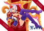  alternate_costume artist_name ashe_(league_of_legends) belle blue_eyes bow_(weapon) flower hair_ornament heart high_heels league_of_legends rose short_hair sitting thighhighs throne weapon white_hair 