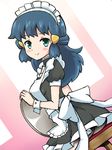  alternate_costume ass blue_hair blush chro_(rulurullu) enmaided from_side green_eyes hair_ornament hairclip hikari_(pokemon) long_hair looking_at_viewer maid maid_headdress pokemon pokemon_(anime) pokemon_dp_(anime) sitting smile solo tray wrist_cuffs 