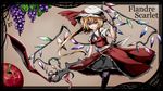  :&gt; adapted_costume apple blonde_hair border character_name dress eyeball flandre_scarlet food fruit grapes hat hat_ribbon highres layered_dress looking_at_viewer mob_cap pantyhose potato_pot red_eyes ribbon short_hair side_ponytail smile solo striped striped_legwear tongue touhou weapon_request wings 