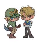  2boys argyle_clothes argyle_sweater begoru15 black_pants black_shoes blonde_hair blue_eyes blue_sweater_vest boots bow brown_boots brown_eyes brown_gloves brown_pants character_name chibi diego_brando dinosaur dio_brando ear_birthmark english_text gloves green_bow green_helmet green_sweater helmet jodhpurs jojo_no_kimyou_na_bouken looking_at_viewer multiple_boys official_alternate_costume pants phantom_blood scary_monsters_(stand) shirt shoes spurs stand_(jojo) steel_ball_run sweater sweater_vest teeth white_background white_shirt 