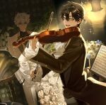  2boys :d alternate_costume antenna_hair ascot beamed_eighth_notes black_hair black_jacket black_pants black_shirt black_suit black_vest blue_bow blue_bowtie blue_eyes blue_flower bouquet bow bow_(music) bowtie cheng_xiaoshi closed_mouth collared_shirt cowboy_shot fang flower formal_clothes frilled_sleeves frills grey_shirt hair_between_eyes hand_in_pocket highres holding holding_instrument holding_violin indoors instrument jacket justjust_monika light_particles long_sleeves looking_at_another looking_at_object lu_guang male_focus multiple_boys music musical_note open_clothes open_jacket open_mouth pants paper phonograph plant playing_instrument ponytail rose sheet_music shiguang_dailiren shirt short_hair short_ponytail smile sparkle standing suit suit_jacket teeth vase vest violin white_ascot white_bow white_bowtie white_flower white_hair white_jacket white_pants white_rose white_shirt white_suit white_vest yellow_eyes 