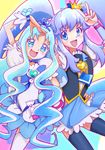  :d absurdres amawa_kazuhiro arm_up black_legwear blue_eyes blue_hair blue_skirt bow brooch choker color_connection crown cure_marine cure_princess happinesscharge_precure! heartcatch_precure! highres jewelry kurumi_erika long_hair magical_girl mini_crown multiple_girls necktie official_style open_mouth precure ribbon shirayuki_hime sidelocks skirt smile thighhighs trait_connection twintails white_legwear wrist_cuffs 