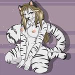  4_toes 5_fingers anthro barefoot big_breasts big_nipples blush breasts claws feline female fur green_eyes hair half-closed_eyes happy long_hair looking_at_viewer mammal nautilusta nipples nude on_floor open_mouth purple_background shysheri sitting smile solo stripes tiger toe_claws whiskers white_tiger 