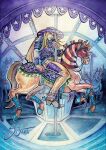  1boy armband belt belt_buckle blonde_hair blue_belt blue_lips brown_cape brown_mask brown_pants buckle cape carousel cowboy_hat green_lips gyro_zeppeli hat holding holding_reins horse horseback_riding jojo_no_kimyou_na_bouken long_hair makeup male_focus mask mask_on_head painting_(medium) pants popped_collar purple_armband purple_hat purple_shirt reins riding shirt short_sleeves si3art signature solo spurs star_ornament steel_ball_run traditional_media valkyrie_(jojo) watercolor_(medium) wristband 