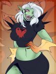 alien alien_humanoid bottomwear breasts clothed clothing disney eyebrows female fingers gloves green_body green_skin hair handwear hi_res humanoid humanoid_pointy_ears long_hair lord_dominator midriff navel noseless not_furry open_mouth pink_sclera pointy_ears sharp_teeth signature solo teeth topwear wander_over_yonder white_hair willfuria