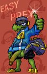 anthro balls beanie big_penis bottomwear bottomwear_pull claws clothed clothing clothing_pull crocodile crocodilian cybernetic_limb cybernetic_tail cybernetics cyborg electronics english_text erection genitals gesture green_body green_skin hand_gesture hat headgear headphones headwear hi_res humanoid_genitalia humanoid_penis jacket jagged_mouth latch lethal_league machine male male_anthro mechanical_tail non-mammal_balls open_mouth partially_clothed pattern_background penis presenting presenting_penis reptile scalie shaded simple_background solo t6ktal text thumbs_up toe_claws topwear zipper