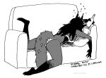 2024 anthro bottle bra breasts clothing container domestic_cat drunk felid feline felis female fur furniture gloves_(marking) greyscale hair leg_markings mammal markings monochrome panties pillow socks_(marking) sofa solo substance_intoxication tail tegerio underwear veronika_ozvezdje