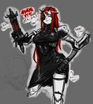  1girl android arm_cannon black_dress blame! breasts dress highres joints long_hair looking_at_viewer maeve_(blame!) mechanical_arms red_hair robot_joints shishitou_(tougarashikarai) silicon_creature_(blame!) simple_background smile standing weapon 