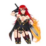  1girl arms_up bare_shoulders blue_eyes breasts cape cleavage dmm fire gloves hand_on_hip large_breasts legs long_hair looking_at_viewer panties red_hair simple_background smile solo standing sword thighs underwear weapon white_background 