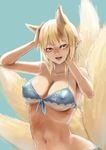  animal_ears arms_up bikini blonde_hair blue_background blue_bikini blush breasts covered_nipples fox_ears fox_tail hands_on_own_head large_breasts multiple_tails navel open_mouth sailex short_hair simple_background smile solo swimsuit tail touhou yakumo_ran yellow_eyes 