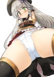  1girl black_bow black_legwear blush bow brown_eyes cameltoe closed_mouth dress dutch_angle embarrassed female from_below granblue_fantasy hair_ribbon heterochromia long_hair looking_down momio nose_blush panties pholia red_eyes ribbon simple_background solo thighhighs tri_braids underwear white_background white_panties 