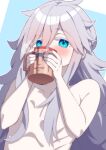  1girl 85neko absurdres bask_om blue_background blue_eyes blush character_print colored_eyelashes commentary_request convenient_censoring cup deux_murasame drinking grey_hair gundam gundam_gquuuuuux hair_censor highres holding holding_cup long_hair looking_at_viewer mug nude print_mug ribs solo upper_body white_eyelashes 
