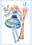  bad_id bad_pixiv_id bird blonde_hair blue_eyes bracelet commentary_request detached_sleeves erubo frilled_skirt frills hair_ornament highres jewelry long_hair looking_at_viewer magical_girl mahou_shoujo_taisen mahou_shoujo_taisen_contest_2 multicolored multicolored_clothes multicolored_legwear open_mouth personification ribbon simple_background skirt smile solo striped striped_skirt thighhighs twintails 