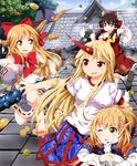  blonde_hair bow brown_hair green_eyes hair_bow hair_tubes hakurei_reimu highres horn horns hoshiguma_yuugi ibuki_suika long_hair mamemaki mizuhashi_parsee multiple_girls one_eye_closed open_mouth orange_hair peanut peas pointy_ears red_eyes ruu_(tksymkw) setsubun smile touhou yellow_eyes 