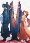  1boy 2girls aqua_eyes bisected black_coat black_hair blue_eyes blue_robe brown_hair closed_eyes coat deep_wound guro highres hong_lu_(project_moon) injury limbus_company lin_daiyu_(project_moon) long_hair multiple_girls ponytail project_moon robe simple_background smile standing xue_baochai_(project_moon) yuanbuzhi 