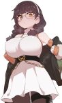  1girl belt black_belt black_survival braid breasts brown_hair dress eternal_return:_black_survival glasses green_jacket hairband highres jacket large_breasts looking_at_viewer medium_hair round_eyewear simple_background solo sumiyao_(amam) suzuki_aya sweat twin_braids undressing white_background white_dress white_hairband yellow_eyes 