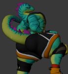 2025 3d_(artwork) anaroth anthro big_butt black_bottomwear black_clothing black_gloves black_handwear black_shorts blue_eyes bottomwear butt clothed clothing digital_media_(artwork) english_description epic_games fingerless_gloves footwear fortnite gloves green_body green_scales grey_background handwear hi_res knee_pads lizard lizzik_(fortnite) male mouth_closed orange_clothing orange_footwear orange_shoes red_clothing red_footwear red_socks reptile scales scalie shoes shorts simple_background socks solo tail thick_thighs topless topless_anthro topless_male