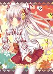  alternate_costume blush fujiwara_no_mokou hair_ornament hair_ribbon harukaruha highres long_hair long_sleeves pout red_hair ribbon sash shirt silver_hair skirt solo thighhighs touhou tress_ribbon very_long_hair white_legwear wide_sleeves zettai_ryouiki 