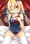  aqua_eyes argyle blonde_hair book glasses hat holding holding_book i-8_(kantai_collection) kantai_collection looking_at_viewer mitoki_6x6 one-piece_swimsuit one_eye_closed red-framed_eyewear school_swimsuit short_twintails sitting smile solo swimsuit thighhighs twintails white_legwear 