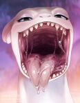 2025 abstract_background ambiguous_feral ambiguous_gender blue_body blue_countershading blue_eyes blue_skin blush blush_lines bodily_fluids colored countershade_neck countershading detailed_mouth digital_media_(artwork) dragon dreamworks european_mythology eyelashes female_(lore) feral forked_tongue front_view fury_(httyd) gaping_mouth glistening headshot_portrait hi_res how_to_train_your_dragon light_fury long_neck looking_at_viewer mouth_shot multicolored_body multicolored_skin mythological_creature mythological_scalie mythology naja_(backis) no_sclera nummynumz open_mouth pink_tongue portrait pupils saliva saliva_on_tongue saliva_string scalie shaded solo teeth tongue tongue_out two_tone_body two_tone_skin western_dragon white_body white_skin