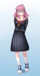  1girl absurdres arms_behind_back black-framed_eyewear black_serafuku boku_no_hero_academia breasts closed_mouth commentary_request full_body glasses haneyama_kazuho highres long_sleeves looking_at_viewer official_alternate_costume paid_reward_available pink_eyes pink_hair pleated_skirt sailor_collar school_uniform serafuku shoes simple_background skirt sneakers socks solo standing vigilante_-boku_no_hero_academia:_illegals- white_sailor_collar yantaka 