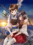  akagi_(kantai_collection) arrow black_legwear blush brown_eyes brown_hair closed_eyes cloud damaged flight_deck fukusuke_teitoku gloves hakama_skirt japanese_clothes kaga_(kantai_collection) kantai_collection long_hair multiple_girls muneate ocean open_mouth partly_fingerless_gloves quiver ship short_hair side_ponytail skirt star sun sunset thighhighs torn_clothes torn_legwear unconscious water watercraft yugake 