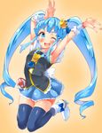  armpits arms_up blue_eyes blue_hair blue_legwear blue_skirt blush crown cure_princess happinesscharge_precure! long_hair magical_girl mamedenkyuu_(berun) one_eye_closed open_mouth precure shirayuki_hime skirt solo thighhighs twintails 