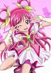  aikawa_yousuke bike_shorts boots brooch cure_dream double_v earrings flower frills gloves hair_flower hair_ornament hair_ribbon hair_rings highres jewelry knee_boots long_hair magical_girl one_eye_closed pink_background pink_flower pink_hair pink_rose pink_shorts precure puffy_sleeves purple_eyes ribbon rose shorts shorts_under_skirt skirt smile solo squatting v yes!_precure_5 yes!_precure_5_gogo! yumehara_nozomi 
