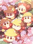  5boys backpack bag blush_stickers bright_pupils brown_bag cherry_blossoms closed_eyes day falling_petals from_above full_body hands_up hat hoshikuzu_pan kirby_(series) looking_at_another looking_up multiple_boys no_humans no_nose orange_eyes outdoors petals randoseru school_hat spring_(season) unworn_hat unworn_headwear waddle_dee walking white_pupils yellow_hat 