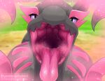 ambiguous_feral ambiguous_gender black_body black_skin black_tail blurred_background bodily_fluids breath breath_powers colored day detailed_background detailed_mouth digital_media_(artwork) eyelashes fan_character female_(lore) feral front_view gaping_mouth generation_2_pokemon generation_7_pokemon glistening grass headshot_portrait hi_res hybrid hybrid_pokemon legendary_pokemon long_neck looking_at_viewer lugia monotone_tail mouth_shot multicolored_body multicolored_skin nintendo nummynumz open_mouth outside pherokinesis pheromone_breathing pheromones pink_body pink_eyes pink_skin pink_tongue plant pokemon pokemon_(species) portrait pupils purple_sclera reptile salazzle saliva saliva_on_tongue saliva_string scalie shaded solo sparkles tail tongue tongue_out two_tone_body two_tone_skin ziva_(tartii)