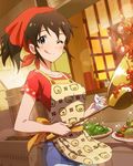  ;q apron blue_eyes blush brown_hair cooking food idolmaster idolmaster_million_live! licking_lips looking_at_viewer official_art one_eye_closed ponytail pot satake_minako solo tongue tongue_out 