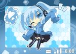 blue_background blue_eyes blue_hair ene_(kagerou_project) headphones heart jacket kagerou_project long_hair milkpanda one_eye_closed panties sleeves_past_wrists smile solo tongue twintails underwear 