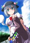  black_legwear blush cloud commentary_request cosplay day dress dutch_angle feet food fruit green_eyes grey_hair hand_on_own_knee hat highres hinanawi_tenshi hinanawi_tenshi_(cosplay) konpaku_youmu konpaku_youmu_(ghost) looking_at_viewer nori_tamago peach pov_feet short_hair sitting sky solo thighhighs touhou 