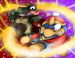 angry anthro avian bird bite blood bloodshot_eyes blue_body bodily_fluids cape clothing crocodilian crossover donkey_kong_(series) duo exhaust fantasy fight fire green_body green_scales hammer hatching_(art) hi_res hitting impact impact_lines insane intense jaythefox333 king_dedede king_k._rool kirby_(series) light lines_drawn male nintendo penguin purple_background purple_eyes red_background reptile scales scalie shaded sharp_teeth simple_background smears speed_lines star super_smash_bros. teeth tongue tongue_bite tools