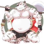  2011 anthro axe belly bulge clothing felid fur humanoid_hands male mammal melee_weapon misokemo moobs navel overweight overweight_male pantherine shorts simple_background solo tiger weapon white_fur こしゃなん 