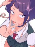  1girl audio_jack ayuda_ayutaro black_eyes black_hair blunt_bangs blush boku_no_hero_academia breasts choker finger_to_mouth highres jiro_kyoka long_earlobes looking_at_viewer looking_up purple_hair selfie shirt short_hair skirt solo tongue tongue_out v white_background 