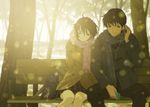  1girl backlighting bag bench blurry bokeh brown_eyes brown_hair depth_of_field earphones goke_shike_(altamira05) original plaid plaid_skirt scarf school_bag shared_earphones short_hair sitting skirt sunlight tree winter winter_clothes 