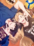  2boys ball black_hair blonde_hair brothers brown_eyes food fox_shadow_puppet haikyuu!! highres jacket kageyama_tobio lying male_focus miya_atsumu multicolored_hair multiple_boys on_ground onigiri open_clothes open_jacket open_mouth shirt short_hair siblings skmw_0 smile sportswear teeth tongue tongue_out track_jacket two-tone_hair upper_teeth_only volleyball_(object) volleyball_uniform white_shirt 