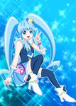  black_legwear blue blue_background blue_eyes blue_hair blue_skirt crown cure_princess do10nn frills full_body happinesscharge_precure! long_hair magical_girl mini_crown necktie precure shirayuki_hime shoes skirt smile solo sparkle thighhighs twintails v wrist_cuffs 