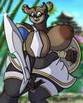 anthro avian bandai_namco beak big_breasts bird breasts brown_body brown_feathers clenched_teeth clothing cosplay crossover crossover_cosplay dress feathers female hi_res laurel_wreath longclaw_(sonic) mature_anthro mature_female melee_weapon one_breast_out owl sega shield sketchybug solo sonic_the_hedgehog_(film) sonic_the_hedgehog_(series) sophitia_alexandra soul_calibur sword teeth toothed_beak weapon