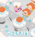  blue_eyes blush_stickers character_name chef_hat closed_eyes commentary conveyor_belt cup drink hat kirby kirby_(series) kirby_cafe looking_ahead looking_at_another munuone no_humans orange_eyes snow snowflakes snowing star_(symbol) symbol-only_commentary toque_blanche translated waddle_dee white_hat 