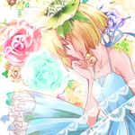  adapted_costume aya_tsudi bad_id bad_pixiv_id blonde_hair blue_eyes collarbone dress flower hair_flower hair_ornament hand_to_own_mouth looking_away profile short_hair solo usotsuki yume_nisshi 