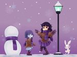  artist_request bunny dancing lamppost long_hair multiple_girls pantyhose scarf smile snow snowman sometsuki ultraviolet very_long_hair winter winter_clothes 