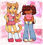 american_shorthair anthro anthrofied bottomwear breasts brooklyn_hayes brown_body brown_fur canid canine canis cellphone clothing dachshund denim denim_bottomwear denim_clothing domestic_cat domestic_dog duo electronics emobemob fangs felid feline felis female flip_phone footwear fur gloves_(marking) green_eyes hasbro hi_res hunting_dog jeans knee_highs legwear littlest_pet_shop littlest_pet_shop:_popular lps_339 lps_675 mammal markings open_mouth open_smile pants pattern_bottomwear pattern_clothing pattern_skirt paws phone pigtails plaid plaid_bottomwear plaid_clothing plaid_skirt savannah_reed shoes skirt smile sneakers tail teeth y2k_(fashion) yellow_body yellow_fur
