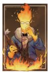 2016 5_fingers absurd_res adjusting_glasses artist_name black_outerwear blackcat5643 blood blood_stain blue_outerwear bodily_fluids border bow_tie button_(fastener) clothed clothing collared_shirt cut_clothes digital_drawing_(artwork) digital_media_(artwork) dress_shirt earless elemental_creature elemental_humanoid eyewear faceless fingers fire fire_creature fire_humanoid flaming_hair fully_clothed glass_bottle glasses glowing glowing_body grillby half-length_portrait hi_res holding_object hoodie humanoid looking_at_viewer male mouthless napkin noseless not_furry portrait pseudo_hair rectangular_glasses shirt simple_background smoke solo sparkling_object text textured_background topwear undertale undertale_(series) vest white_clothing white_shirt white_topwear