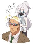  1boy 1girl bask_om black_pants blue_eyes brown_jacket collared_shirt colored_eyelashes commentary_request cropped_torso deux_murasame earth_federation_space_forces emblem freckles goggles green_necktie grey_hair gundam gundam_0083 gundam_gquuuuuux highres jacket logo long_hair mask mouth_mask necktie pants scarf shirt sleeveless sleeveless_shirt sound_effects star_(symbol) sweatdrop translation_request uemukai_dai white_background white_eyelashes white_shirt wiping zeta_gundam 