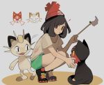  1girl 950magi618 beanie black_hair cat_teaser green_shorts hat highres holding litten looking_at_viewer meowth open_mouth pokemon pokemon_(creature) pokemon_sm red_hat selene_(pokemon) shirt short_hair short_sleeves shorts t-shirt yellow_shirt 