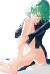  1girl barefoot black_dress curly_hair dress green_eyes grey_hair highres long_sleeves looking_at_viewer mono_(lovenedesiko) one-punch_man pelvic_curtain short_hair simple_background solo tatsumaki thighs white_background 