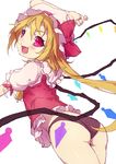  armais_(me-chan337) ascot ass blonde_hair blush flandre_scarlet hat no_pants open_mouth panties red_eyes short_hair side_ponytail simple_background sketch smile solo touhou underwear white_background wings 